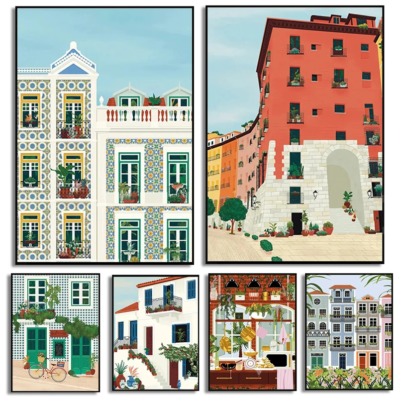 لشبونة ترام الغذاء البرتغال الرسم على لوحات القماش الجدارية السفر مدينة الملصقات والمطبوعات جدار صور لغرفة المعيشة ديكور المطبخ