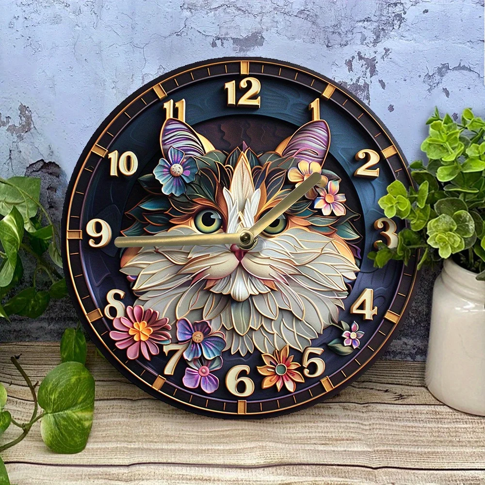 DIY Wall Clock Kit with Persian Cat Design, High-Definition 2D Decorative Clock for Home Entrance – Includes Movement and 3 Hand