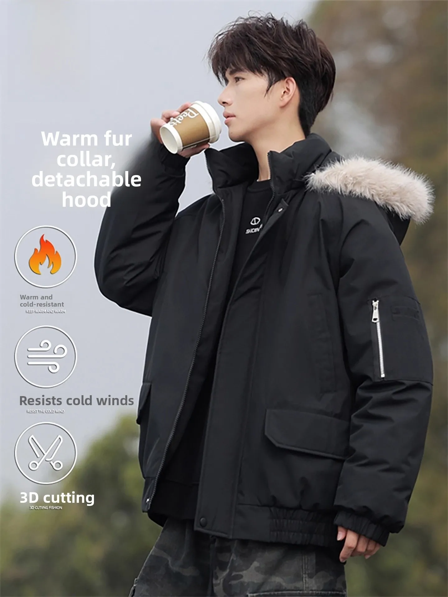 

TUCANO Winter Thiened Cotton Jaet Men's Warm Cold-resistant Hooded Coat Fur Collar Casual Wear Stand Fit Zipper Closure