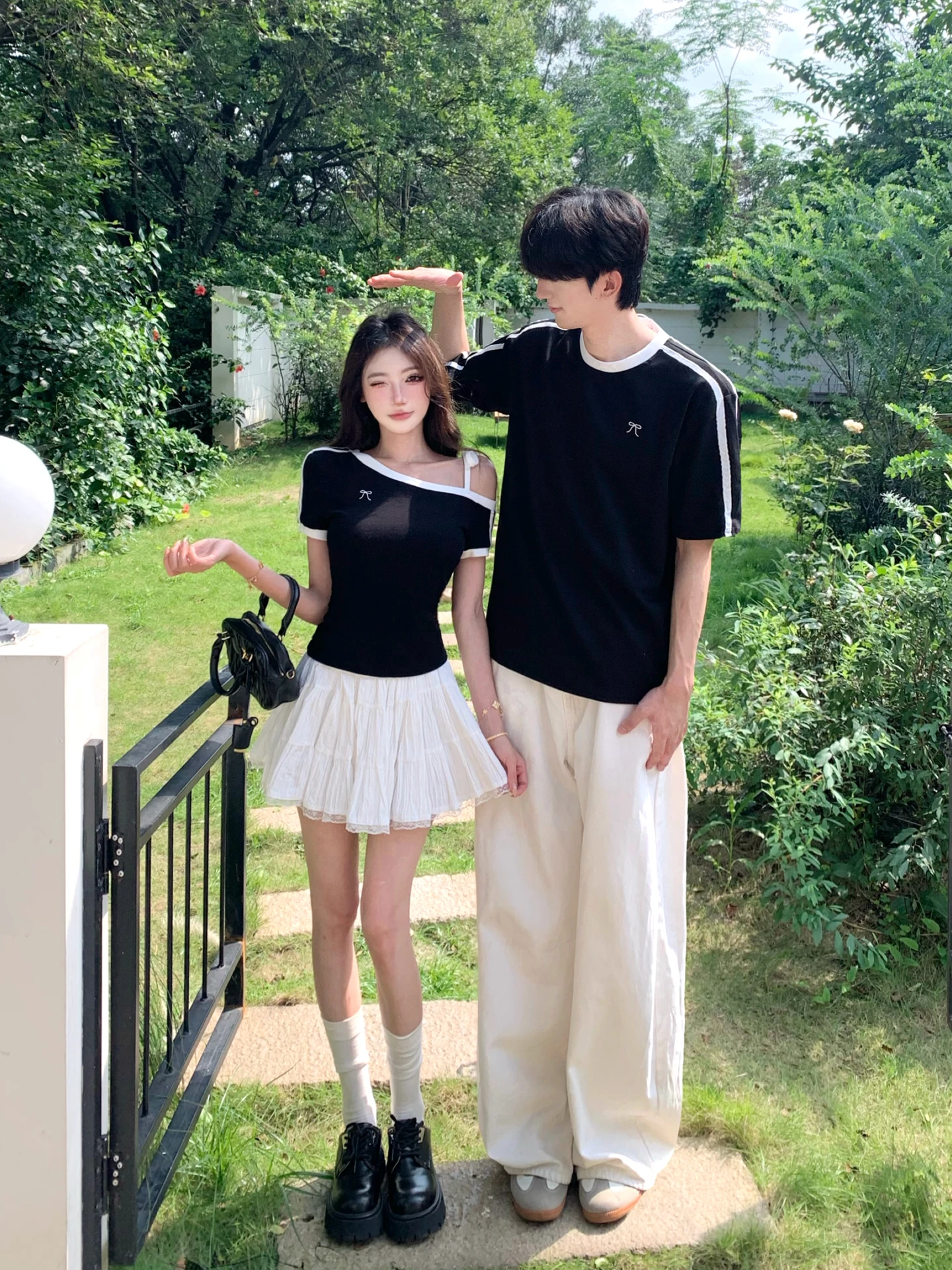 Retro American Short Sleeve T-Shirt Couple's Set Summer Slant Shoulder Tie Band Slim Fit Top Short Skirt Set for Men And Women