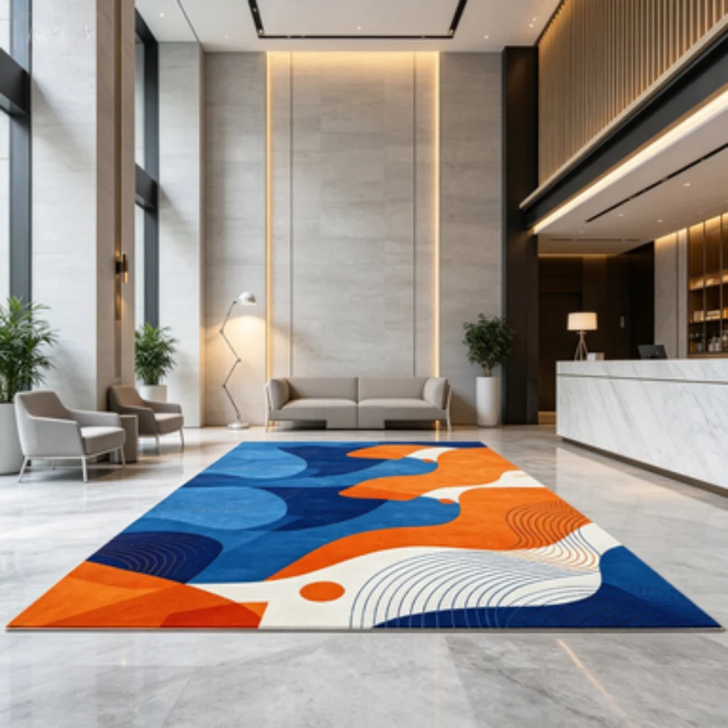 Blue Gray Triangle Wave Rug, Modern Color Block Office Carpet, Contrast Art Hotel Large Carpet, Gray Polygon Abstract Rug.