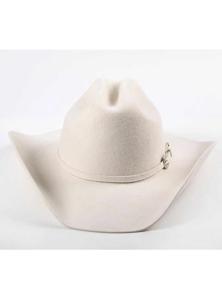 الأبيض 100% قبعة صوف المرأة والرجال في الهواء الطلق فيدورا الجاز ركوب الخيل الحصان موضة قبعات رعاة البقر الغربية حزام الملحقات