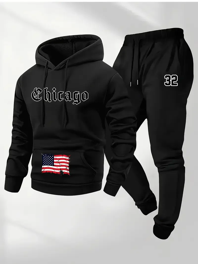

Chicago 32 printed casual cartoon Paris letter drawstring pocket hoodie and sweatpants set 2 pieces, hoodie pullover set, autumn