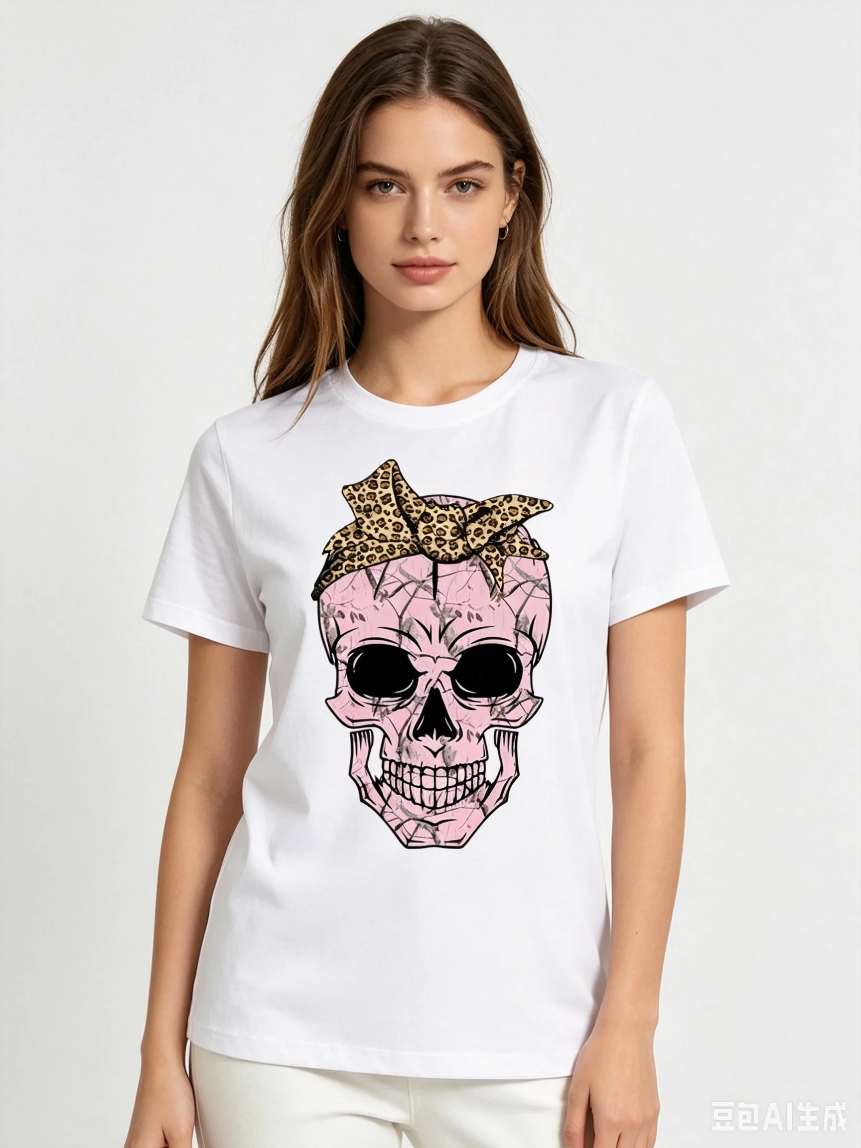 Pink Camo Skull With Leopard Bow Graphic T Shirt Women Casual Short Sleeve Crew Neck Tee