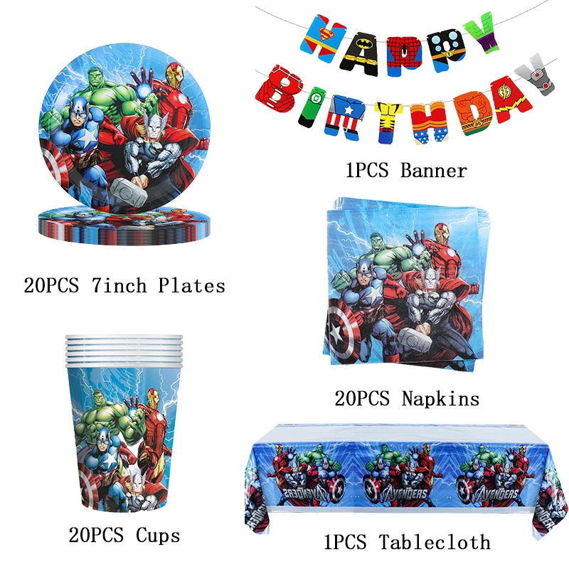 The Avengers Birthday Party Decoration Superhero Theme Tableware Cup Plate Spiderman Iron Balloon Supplies Baby Shower Boy Favor