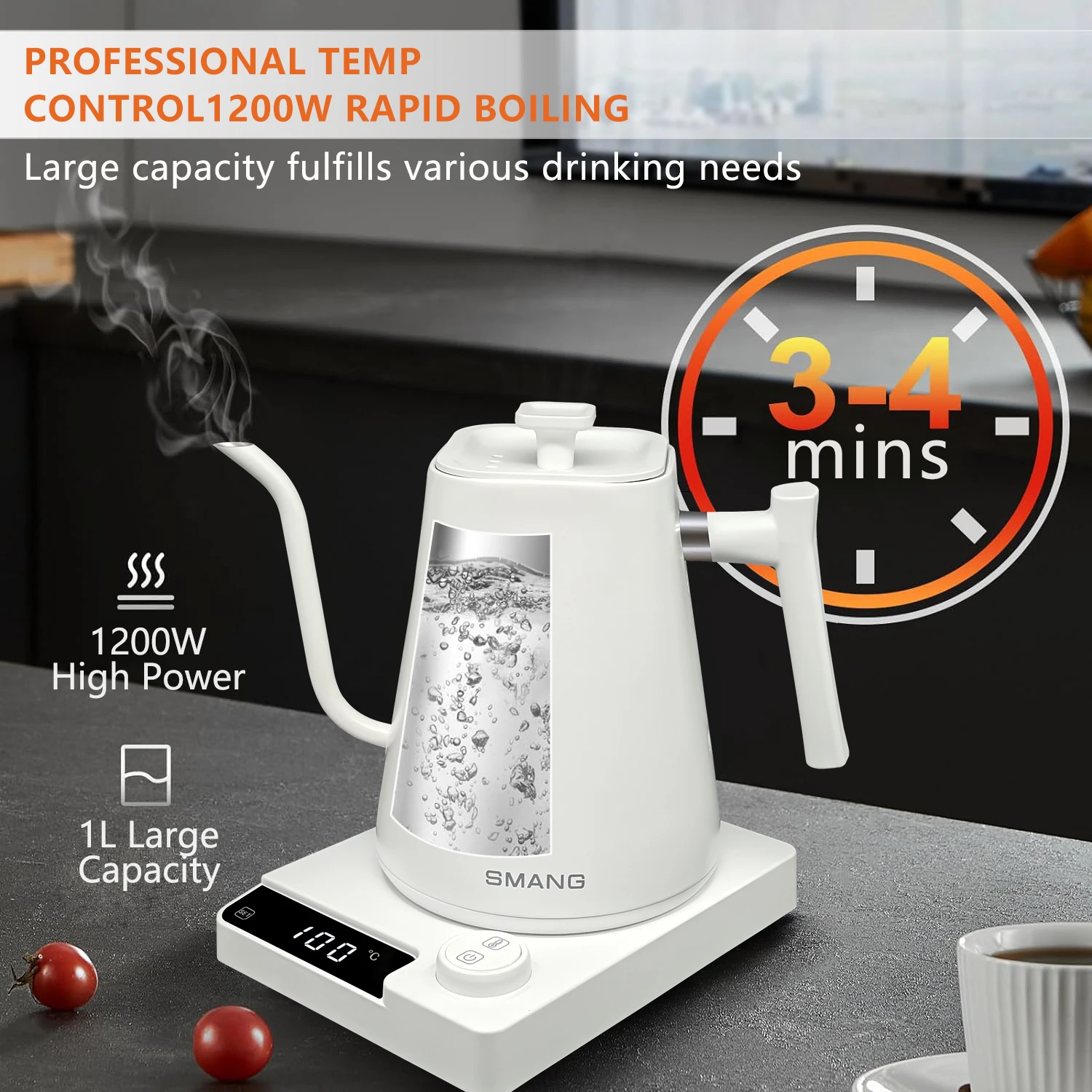 غلاية كهربائية معقوفة 1 لتر 1200 وات، وعاء قهوة مخمر يدويًا، غلاية تسخين سريعة 220 فولت