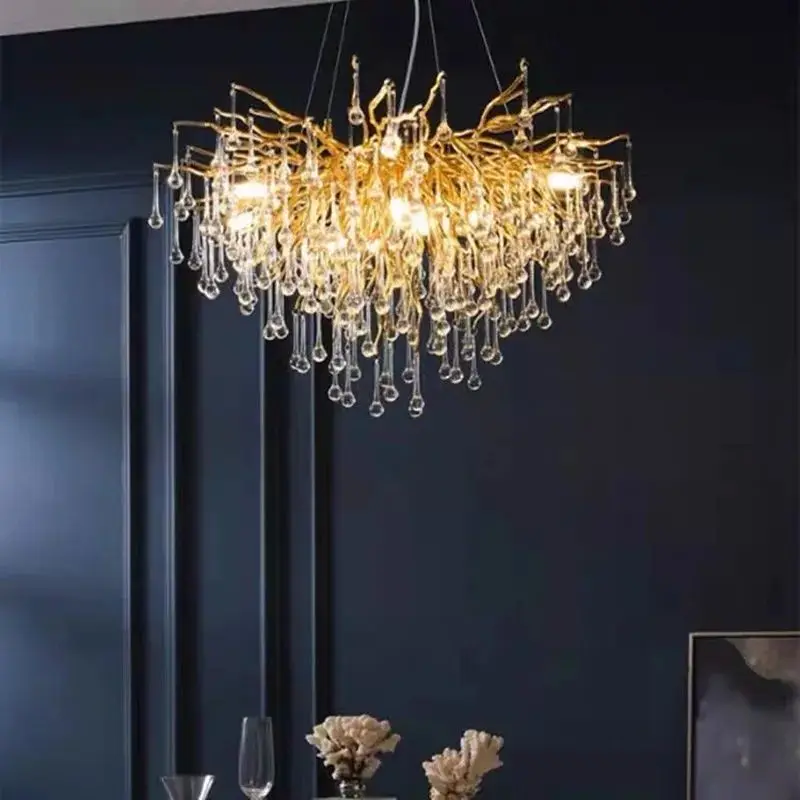 Modern Luxury big ceiling chandelier crystal golden Water Drop tree branch chandelier For Living Room Hotel Villa hall light