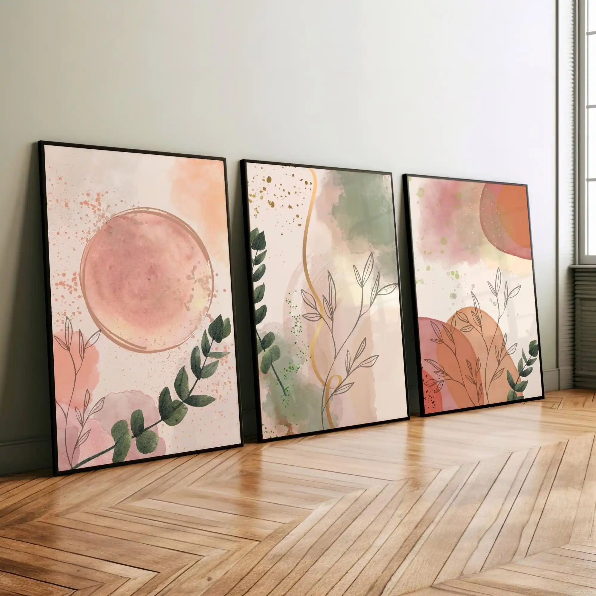 Lot de 3 tableaux sur toile imprimés, motifs floraux bohèmes, lignes géométriques abstraites neutres, pour décoration murale moderne de maison printanière