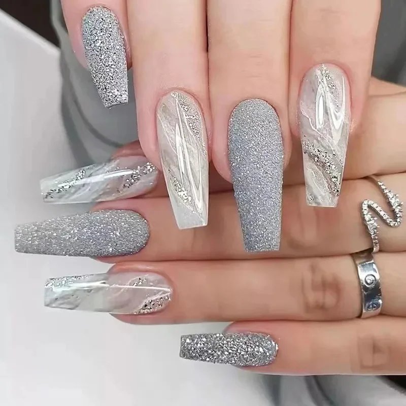 24Pcs Simple Long Coffin False Nails With Grey Scrub and Glitter Designs Press on Nails Wearable Nails Full Cover Manicure Tips