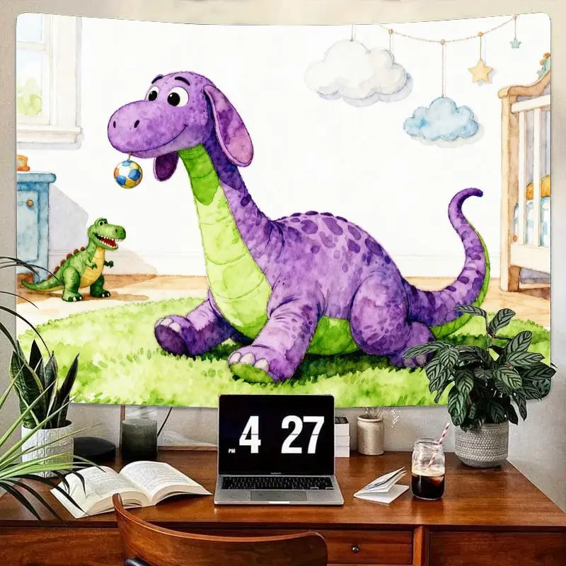 

1 шт. очаровательный фиолетовый зеленый гобелен с динозавром, милый акварельный мультяшный настенный рисунок с динозавром для детей, декор для детской спальни, игровой комнаты