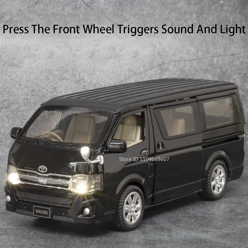 Modelli di auto giocattolo HIACE in scala 1:32 Porte MPV pressofuse in lega aperte Tirare indietro Suono Luce Veicolo da viaggio d'affari Regali per ragazzi
