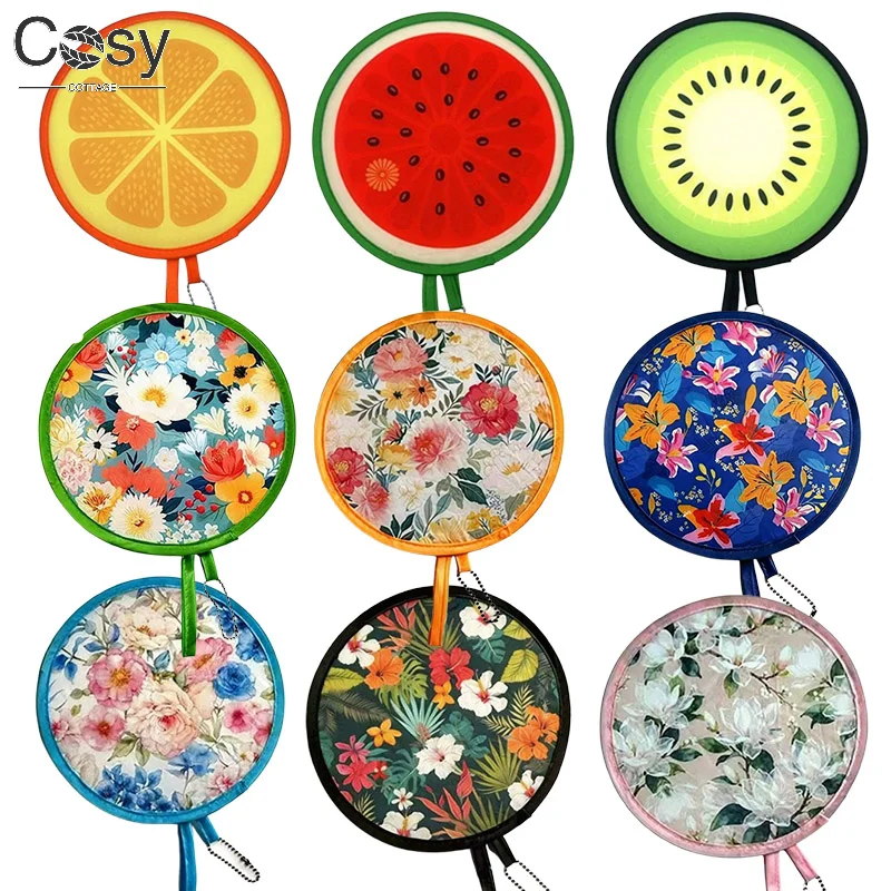 Mini ventilador dobrável estilo japonês, 4 unidades, padrão floral, com bolso, ventilador portátil redondo, atividades ao ar livre