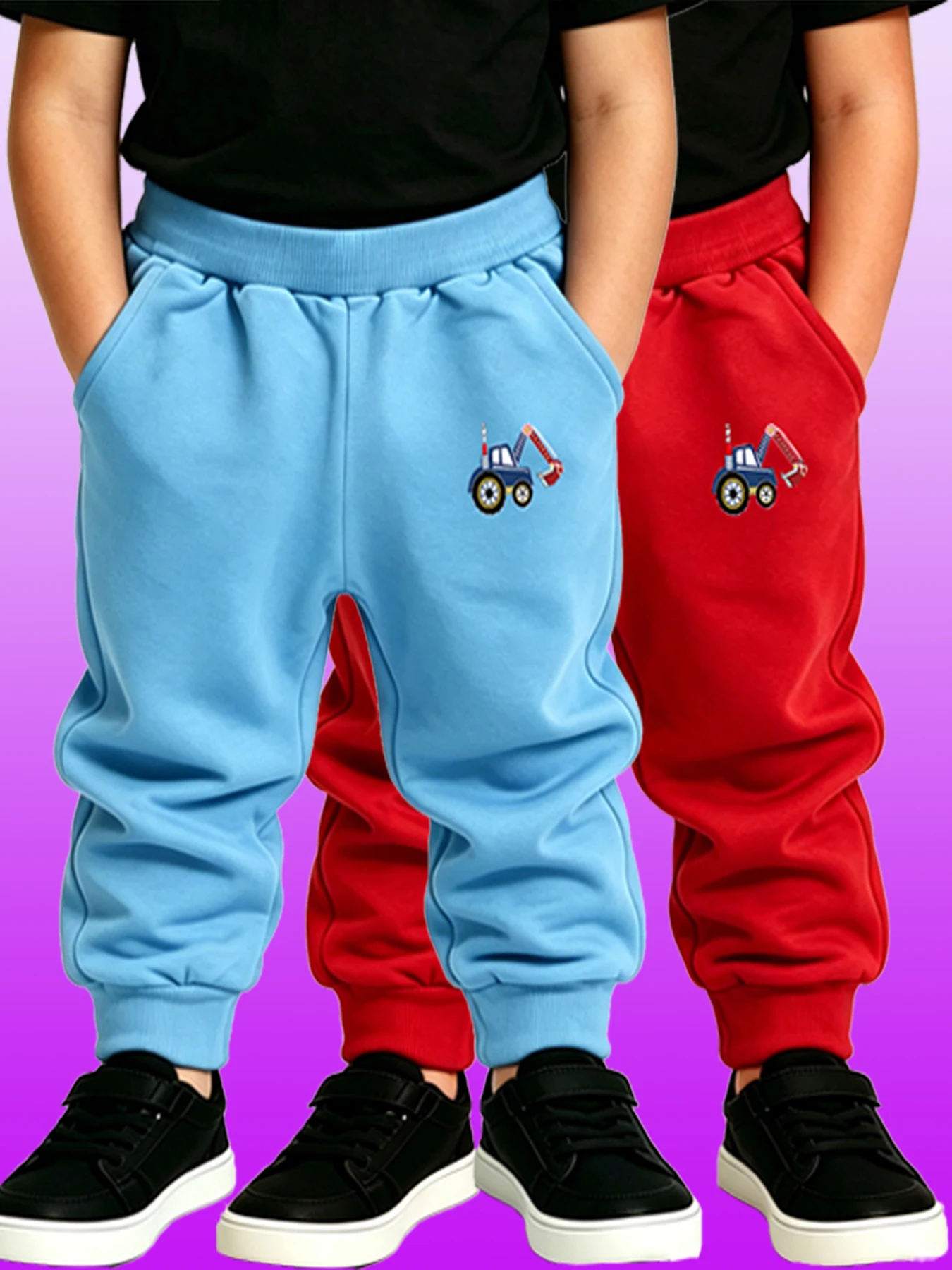 SkyBlue Red 2PCS Cute Excavator Pattern Hot Children Sweatpants Boys Girls Elastic Waist Jogger Sweatpants Outdoor Long Trousers