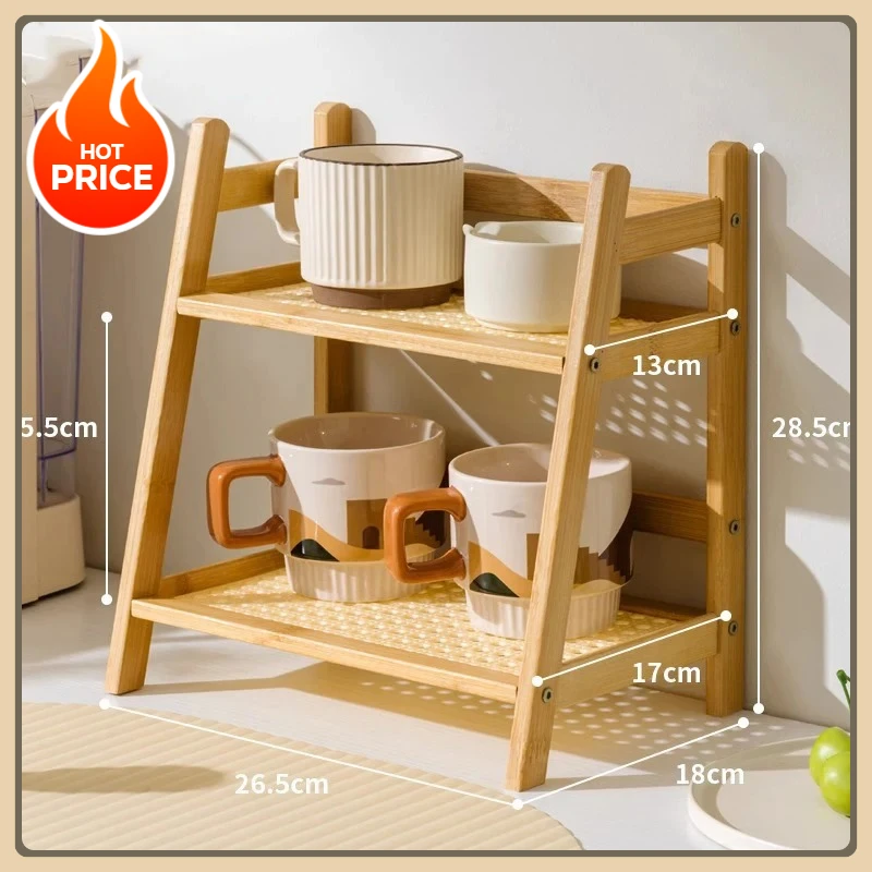 Nouvelle étagère murale adaptée aux cuisines, aux vanités et aux espaces domestiques : support multifonctionnel pour tasses à café avec rangement au comptoir en bambou.