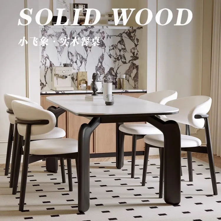 

Retro cream style black ash wood solid wood rectangular rock slab dining table home modern simple dining table and chairs whole