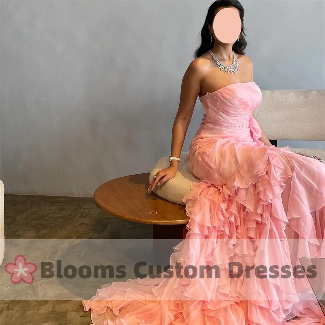 Blooms Pink Ruffles Tiered Customized Evening Dress Mermaid Sleeveless Formal Occasion Floor-Length Gorgeous Wedding Prom Dress