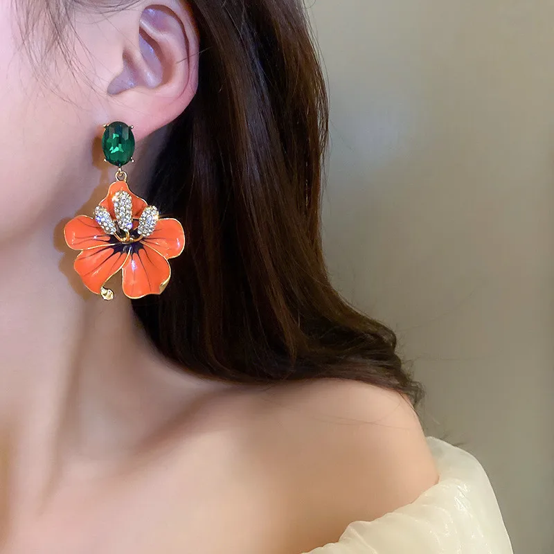 Korean Fashion Orange Enamel Flowers Drop Earrings for Women Girls Green Crystal Dangle Earrings Party Jewelry Birthday Gifts
