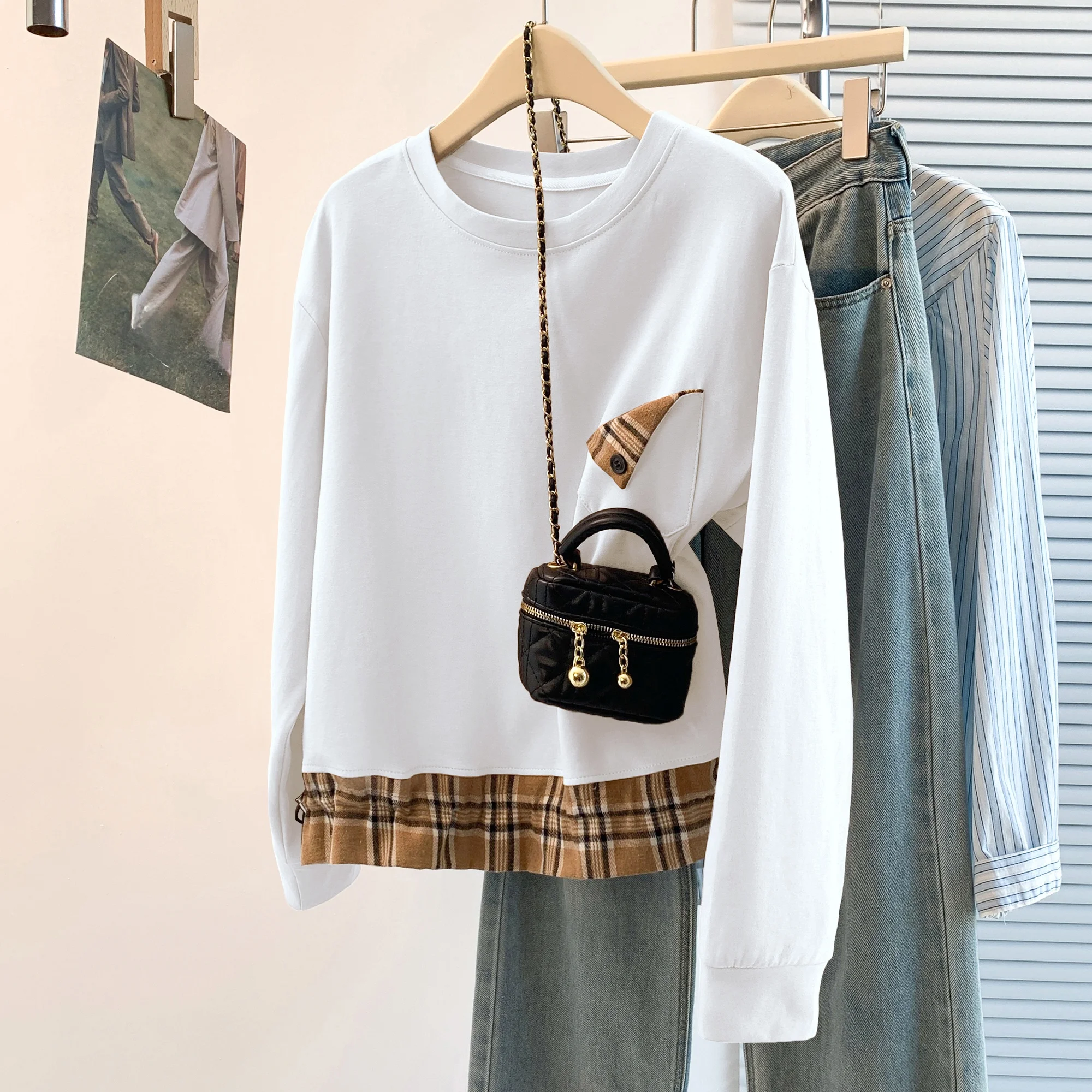 Trendy Plaid Splicing Loose Casual round Ne Women's T-irt Korean Sle Sweatirt Age Reduction Classic Faion Design