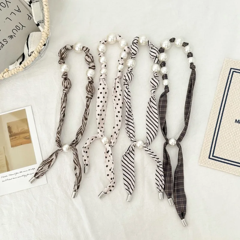 Design Striped Pearl Draw Pull Buckle Series Neck Versatile Small Scarf Necklace Neck Protection Scarf Matching Sweater Scarf