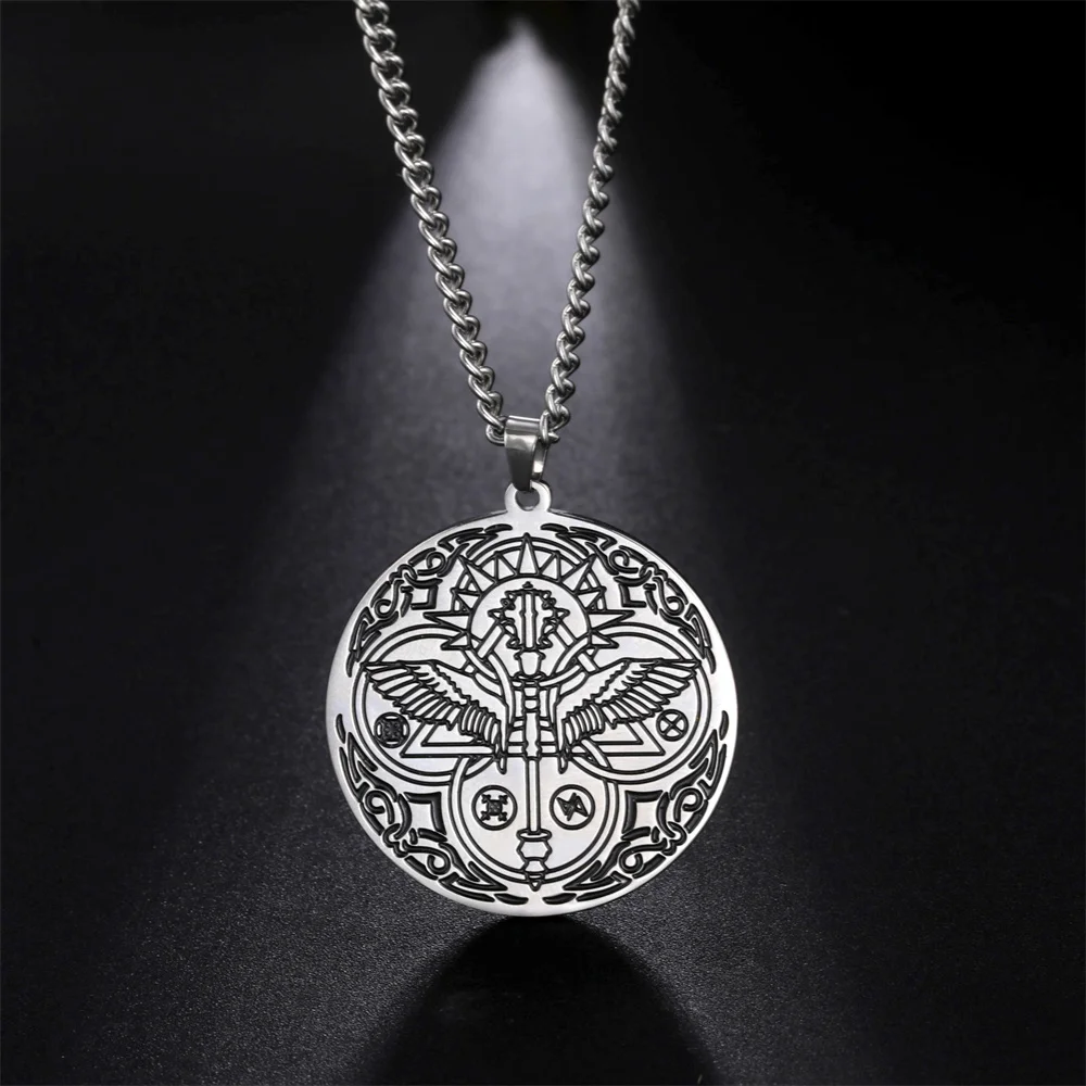 EUEAVAN Vintage Archangel Raphael Wings Round Circle Pendant Necklace Exquisite Scepter Totem Healing Protection Amulet Jewelry