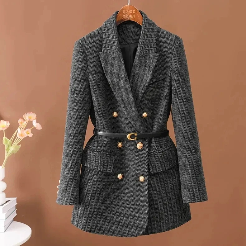 

New Women Long-Sleeved Suit Jacket Woolen Coat Double-Breasted Fashion Suit Mid-Length Jacket Women Autumn Winter Outwear