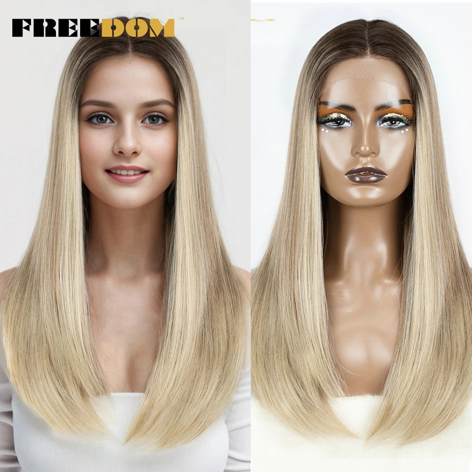 

FREEDOM Synthetic Lace Front Wigs For Women 22 inches Straight Bob Wig Ombre Brown Blonde White Lace Wig Glueless Cosplay Wigs