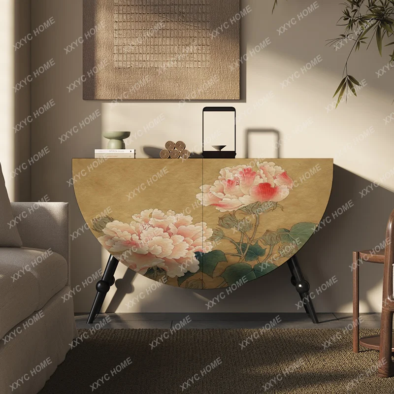 

Solid Wood Entryway Sideboard Vintage Peony Half-round Storage Cabinet New Chinese Style Bedroom Storage Cabinet