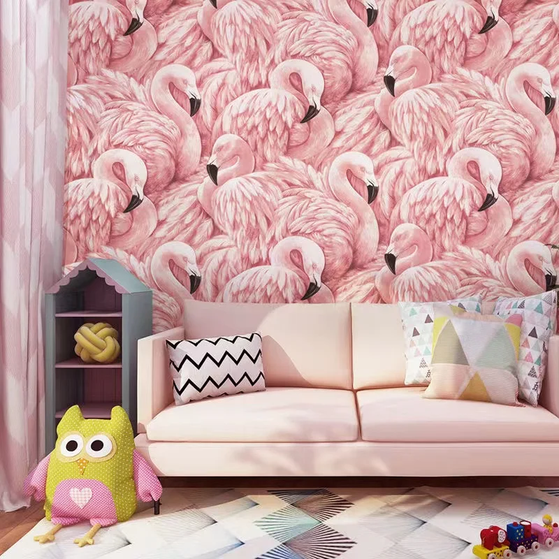 Nordic Pink Flamingo Wall Paper for Princess Girls Bedroom Living Room Background Wall Decal Non Woven Wall Papers Home Decor