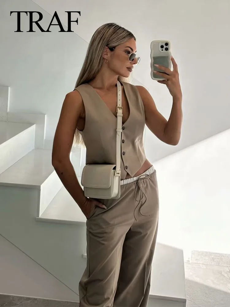 TRAF 2024 Woman\'s Fashion Khaki Pants Sets V-Neck Sleeveless Vest+High Waist Elastic Waist Pockets Drawstring Pants Female Suit