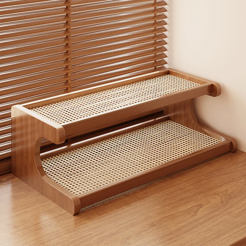 Multi-layer Desktop Storage Rack Ladder Style Artistic Rattan Material Stationery Supplies High Density Storage Shelf