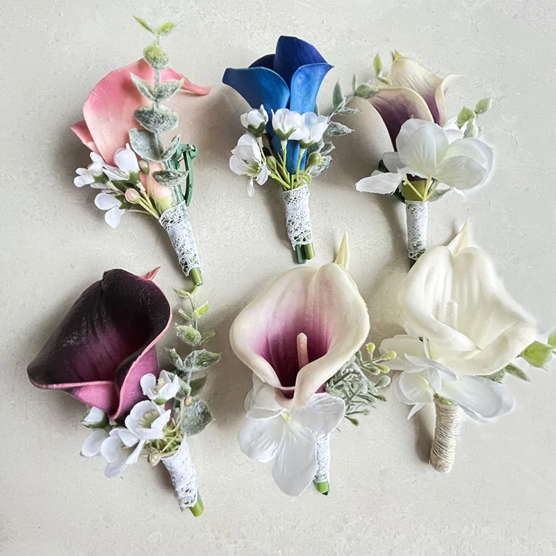 Groom Boutonniere Corsage Wedding Accessories Calla lily Artificial Flowers Buttonhole Men Pins Prom Marriage Brooch Decoration