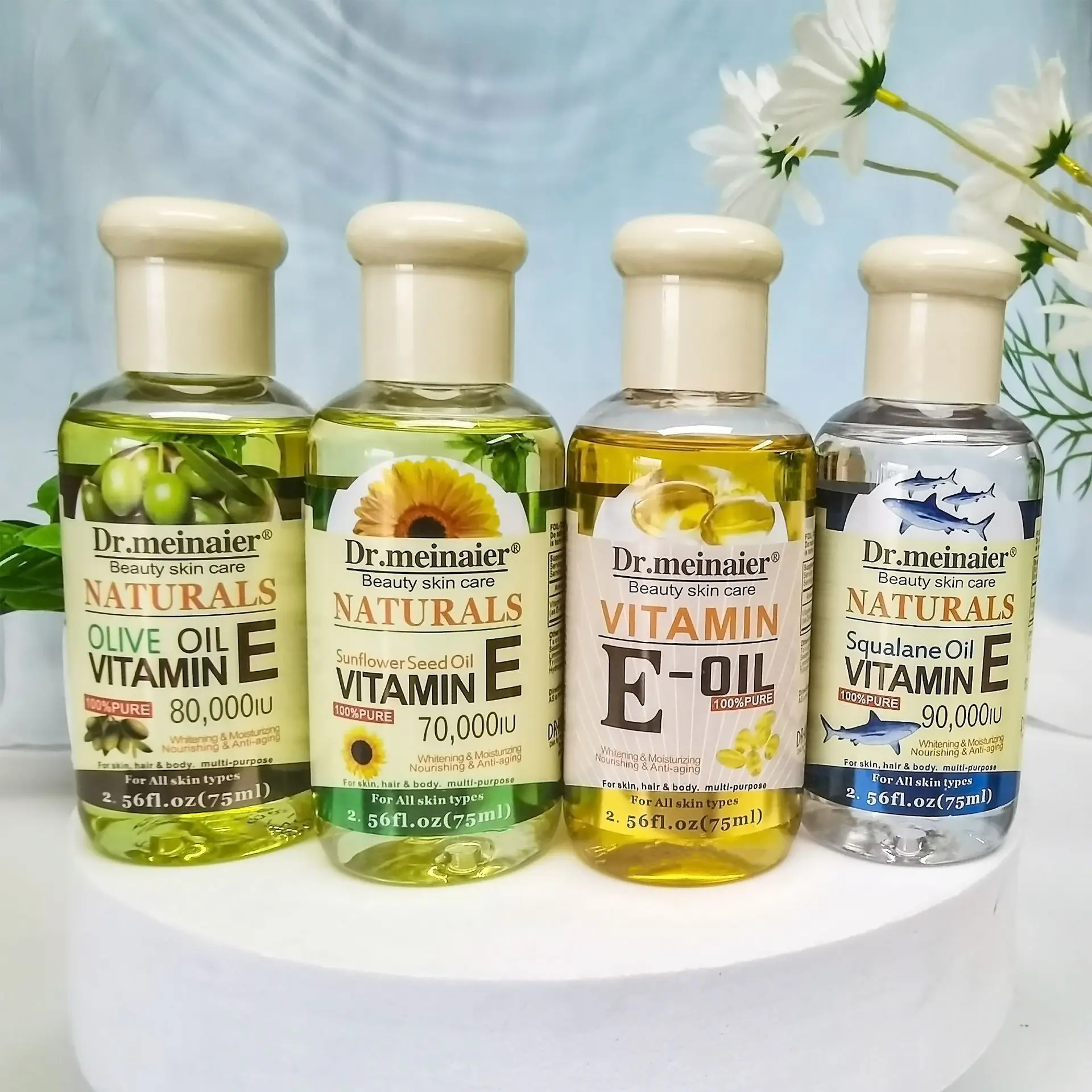 4 piezas de vitamina E, Oliva, manzanilla, manzanilla, Squalane, aceite facial, blanqueamiento de poros, antiarrugas, reparación de pecas, 75ml