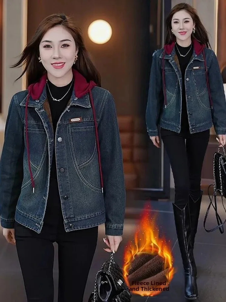 

Faionable Thiened Fce Hooded Denim Jaet Women's Winter New Sle Korean Version Age-Defng Top Matching All