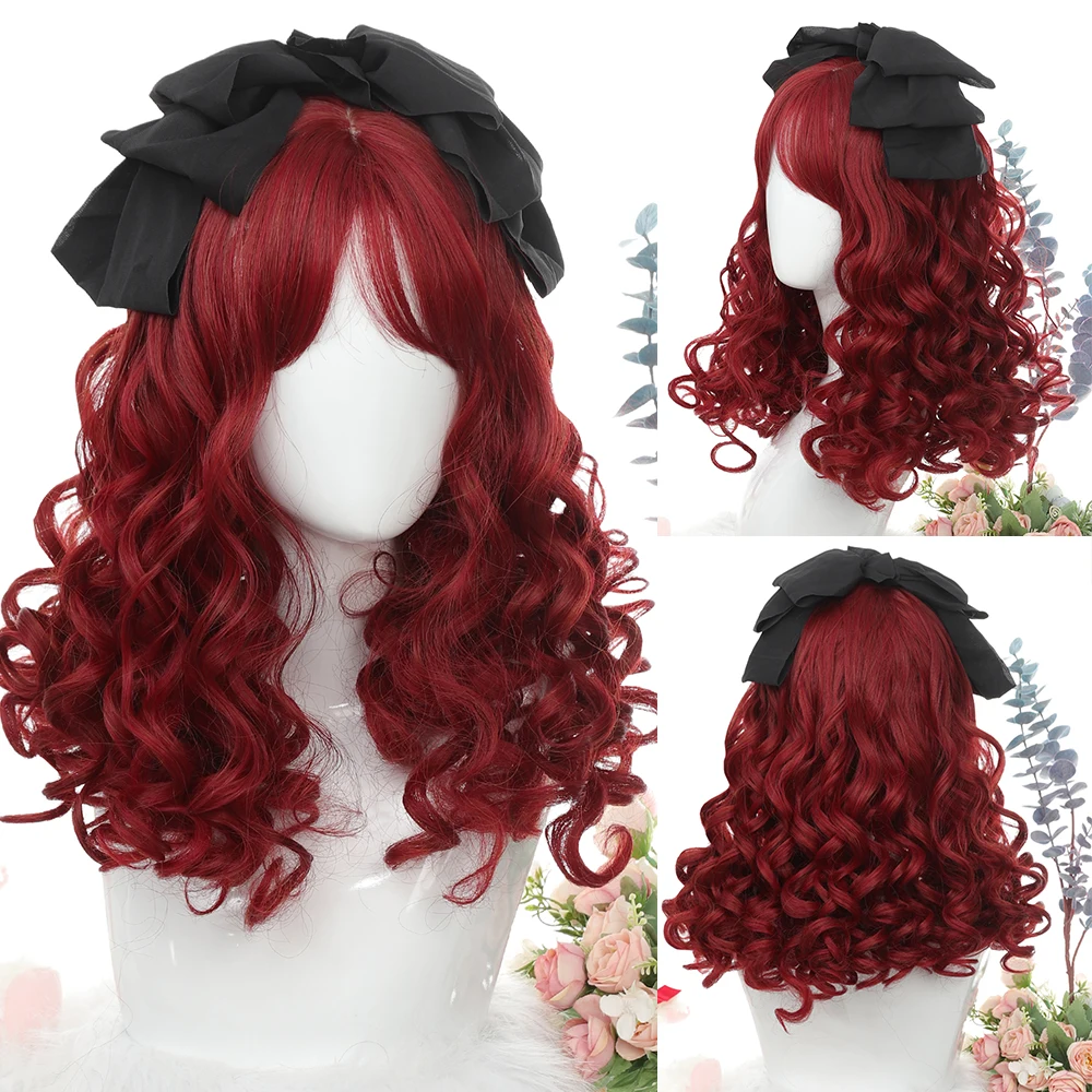 Romeinse Krullend Synthetische Lolita Krullend Haar Met Pony Rood Gouden Anime Pruik Oberl Woman Party Cosplay Pruik