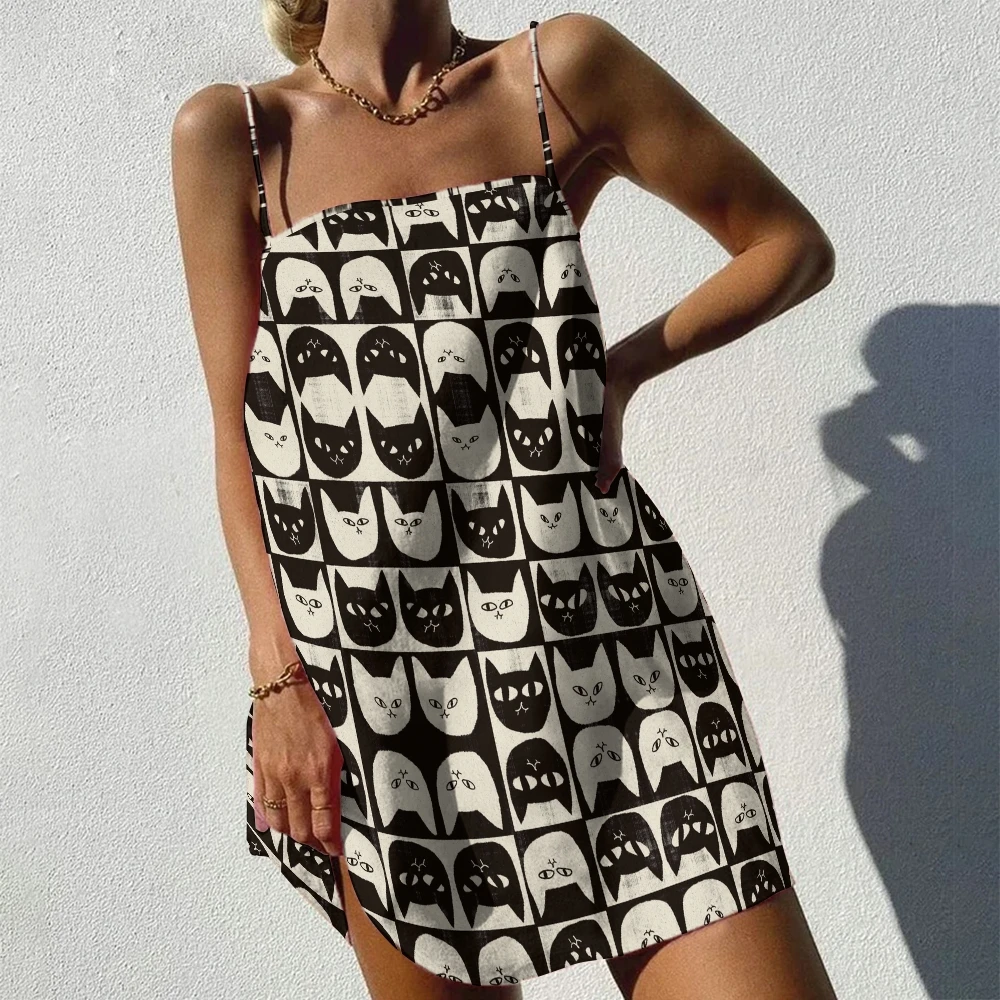 Cartoon Black And White Cat Graphic Vest Skirt New Y2k Style Casual Straight Skirt High Quality Retro New Women's Dress