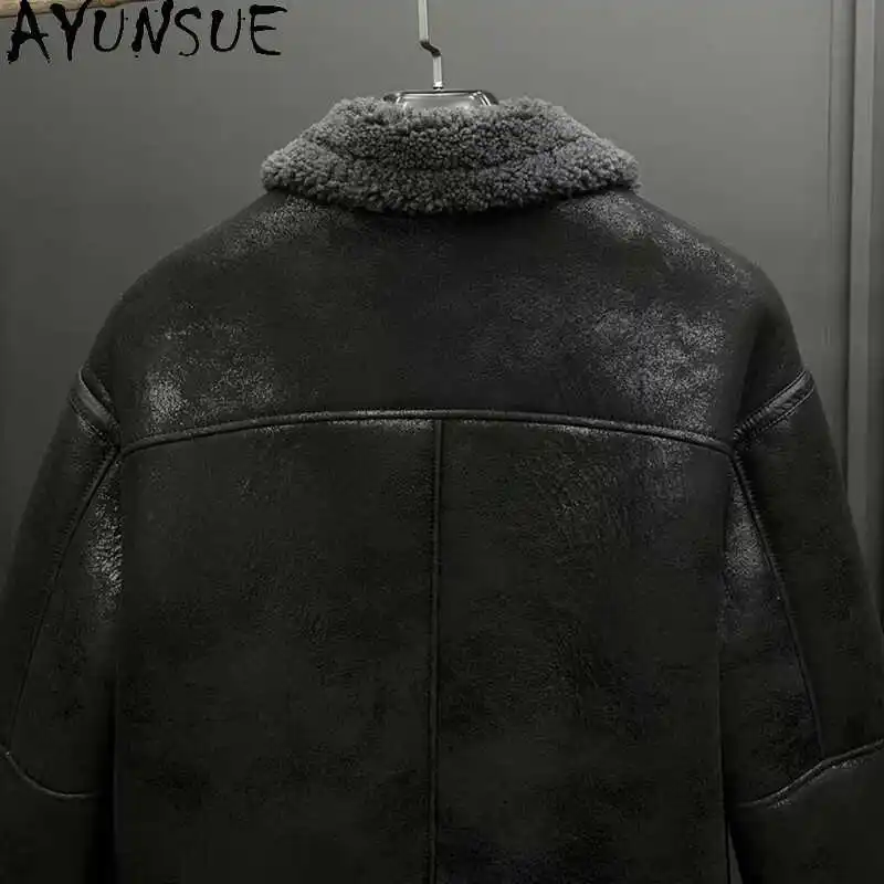 AYUNSUE Mantel Bulu Wol Alami Pria Musim Dingin Berkualitas Tinggi Jaket Kulit Asli Domba Asli Pria Mantel Bulu Hangat Vintage Penjualan Panas