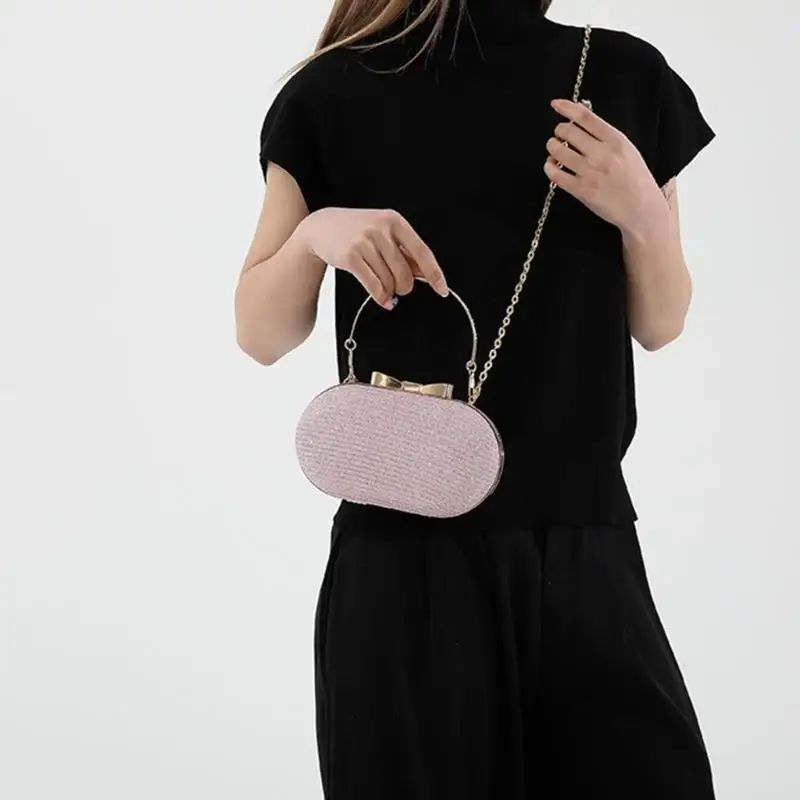 

D46D Fashion PU Leather Glittering Evening Bag Oval Handbag for Formal Party