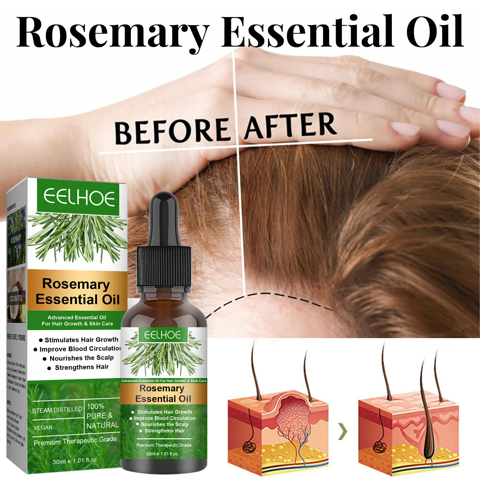 Rosemary Hair Growth Essential Oil 100% Pure Promote Hairs Growth Products Prevent Hair Loss Nourish Hair Roots