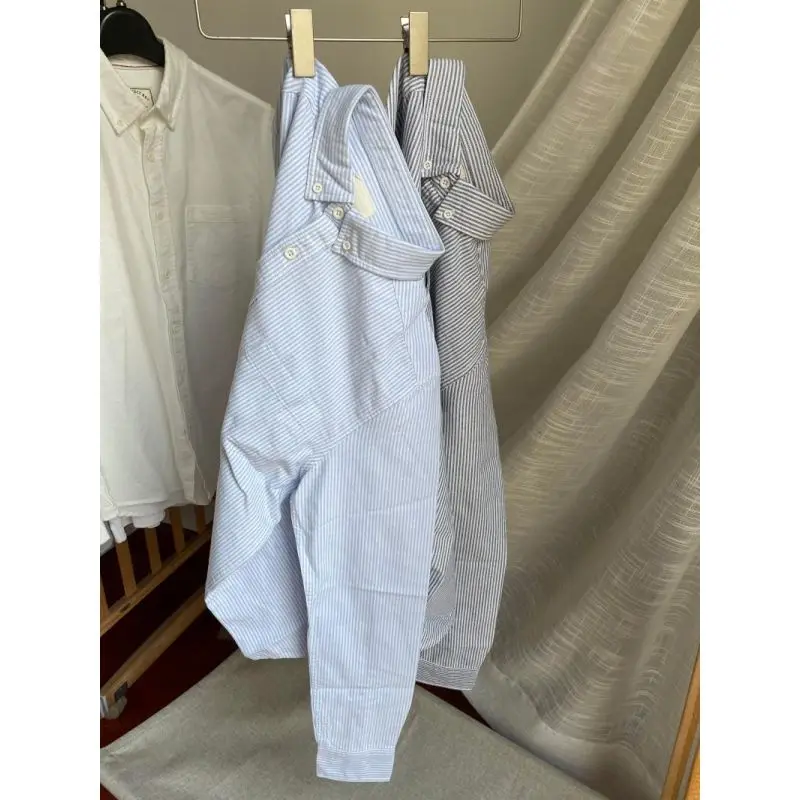 Retro Japanese Versatile Wash Striped Shirt Oxford Spinning Men and Women Casual Long-sleeved Shirt Clothes