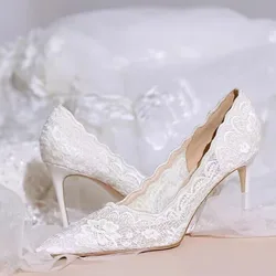 White Wedding Shoes Bridal Shoes Design Sense Niche Lace Pointed Stiletto Heel Shallow French High Heels Female Temperament