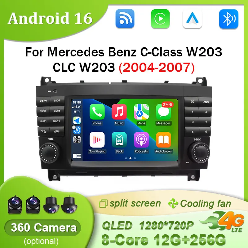Radio para Auto de 7 Pulgadas con Carplay, BT, Pantalla Dividida, Reproductor Multimedia Android 16 para Mercedes Benz Clase C W203 CLC W203 2004-2007, Autoradio