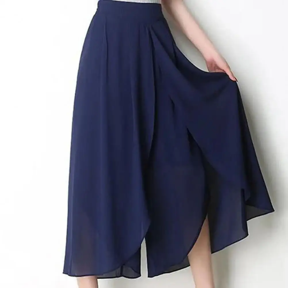 

High Waist Pants Chiffon Double Layers Split Hem Wide Leg Pants for Women High Waist Solid Color Mid-calf Length Loose Fit