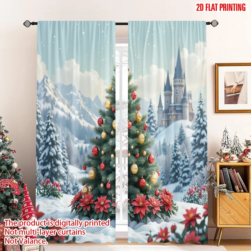 

2pcs 2D flat printing Merry Christmas Scene Curtains Winter Castle Christmas Tree Polyester Without Electricity Party