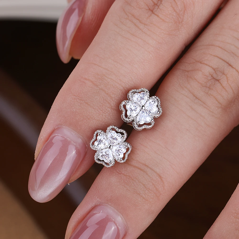 4-leaf clover Moissanite stud earrings for Women 100% s925 silver Hear Cut Sparkling Diamond ear studs with gra certificates