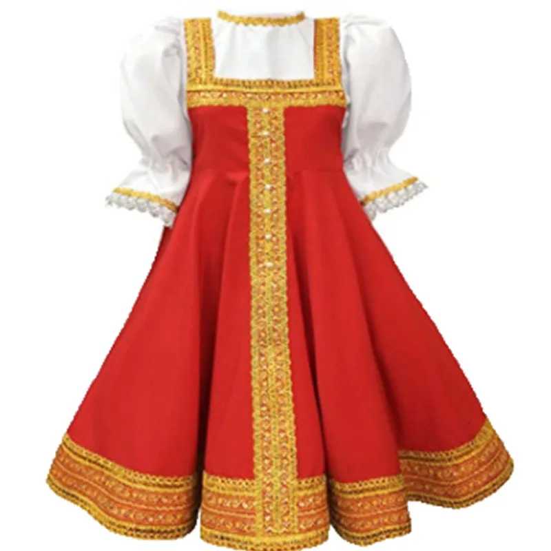 Girls Russian Traditional Nation Costumes Girl Festival Party Red Short Sleeve Splicing Dress Halloween Stage Fancy Outfits