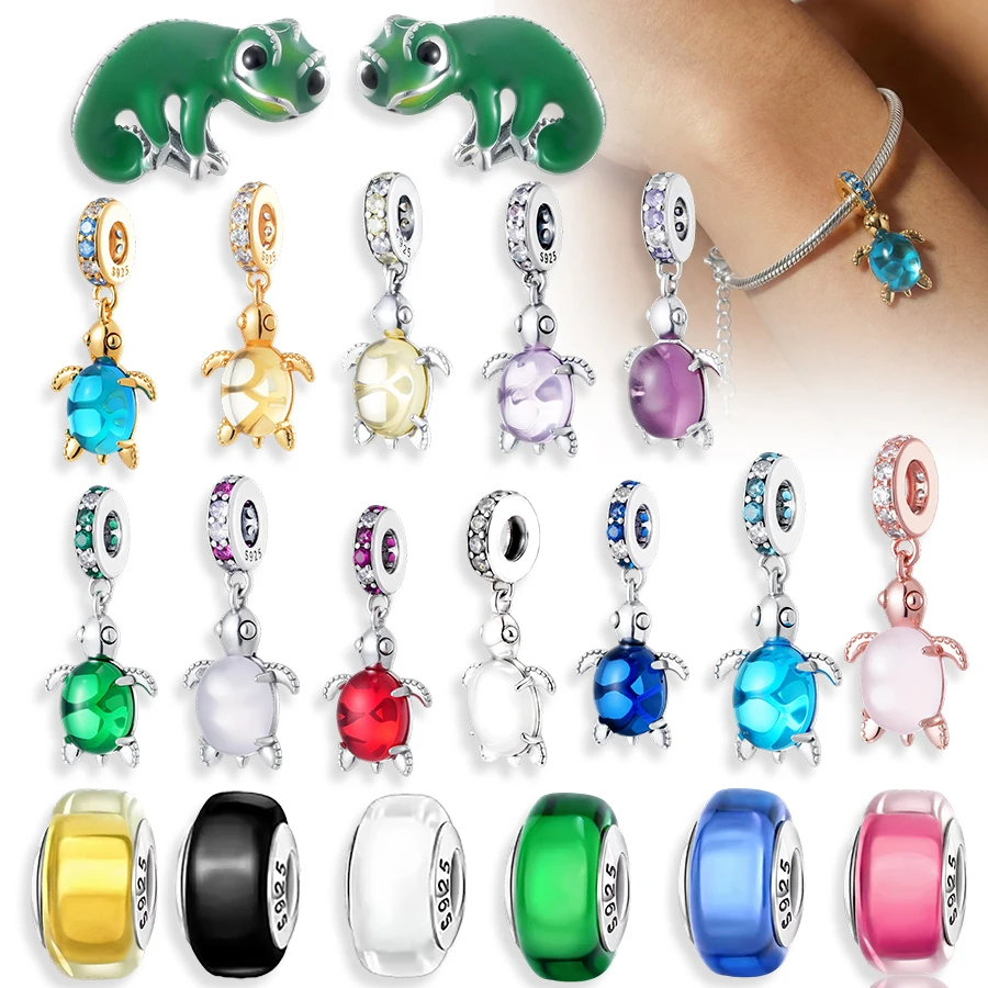NOVO Charm de Camaleão e Tartaruga em Prata 925 com Pérolas de Vidro Murano, Joias DIY Coloridas para Mulheres, Compatíveis com Pulseiras Originais