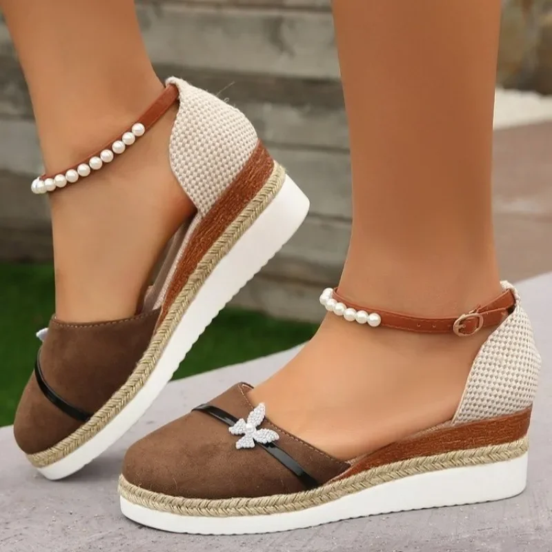 New 2024 Summer Women Butterfly Pearl Linen Plain Wedge Sandals Bohemian Ladies Casual Comfortable Espadrilles Platform Shoes