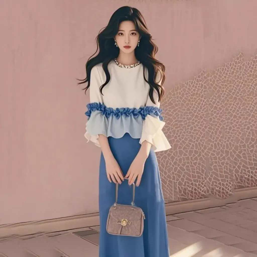 

Women's Fragrant Style Two-Piece Suit Ruffled Top Skirt Set Spring Western Fashion Small Size New Explosions