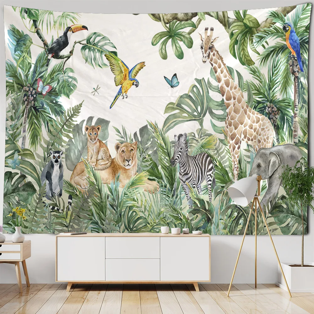 

Tropical rainforest plant tapestry animal flowers and birds wall art decoration blanket hippie yoga mat bed sheet tablecloth