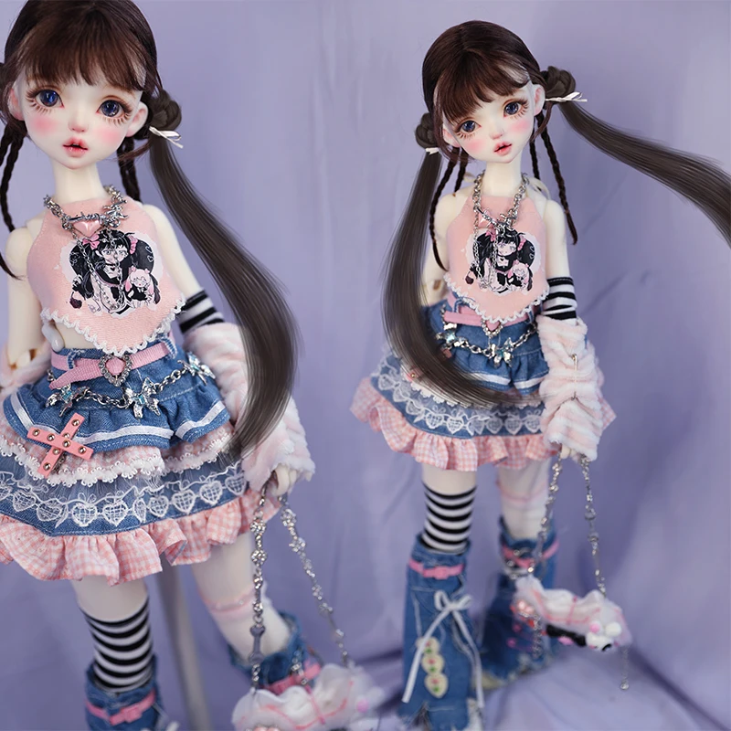 BJD doll clothes for 1/4 1/5 1/6 size cute doll clothes suspenders multi-layer denim skirt bone bag doll accessories